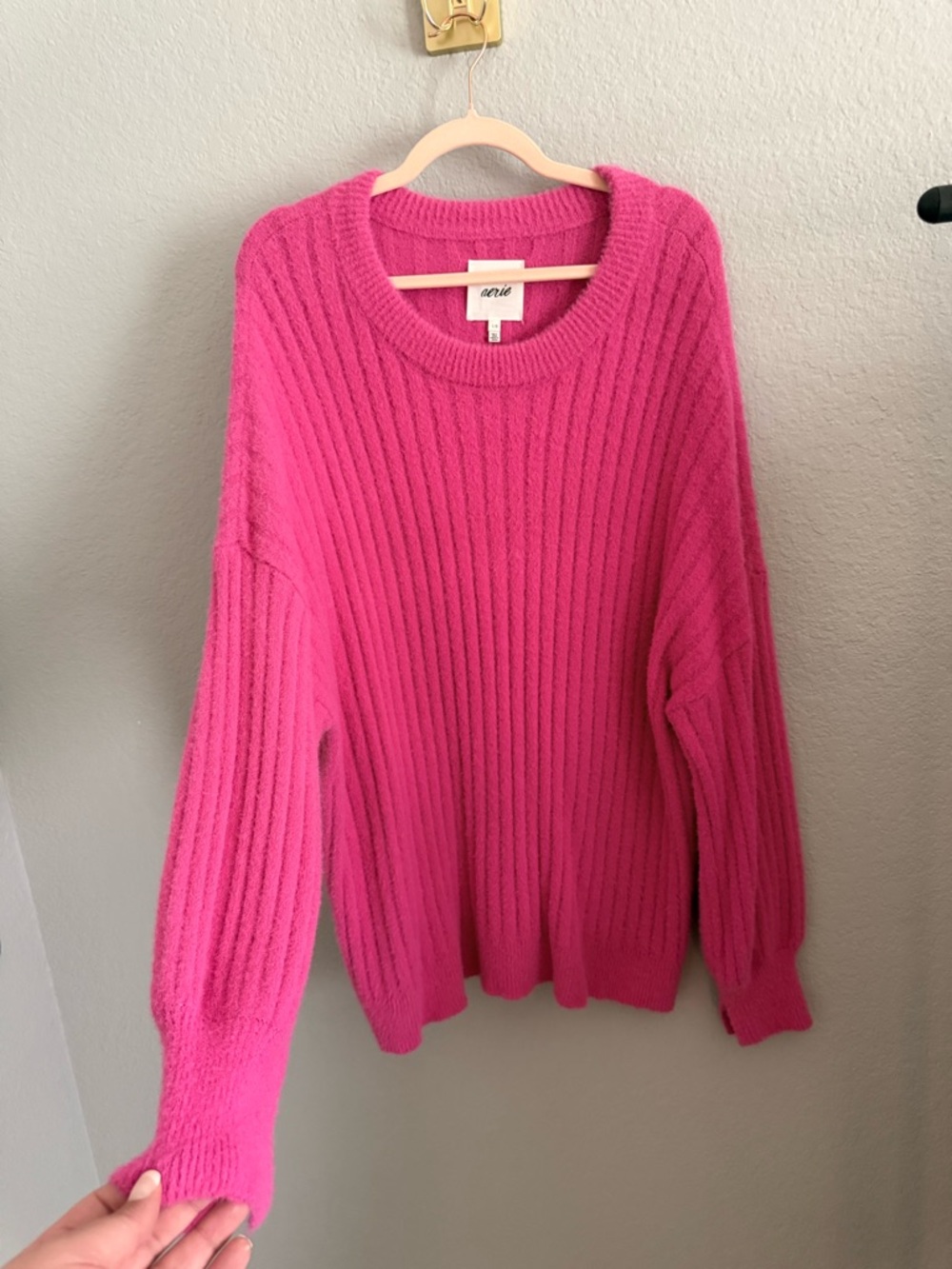 Aerie Bright Pink Ribbed Sweater Soft Cozy Oversized Size M